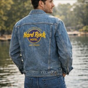 Vtg 90s Hard Rock Hotel Las Vegas Denim Trucker Jean Jacket Streetwear Cool XL